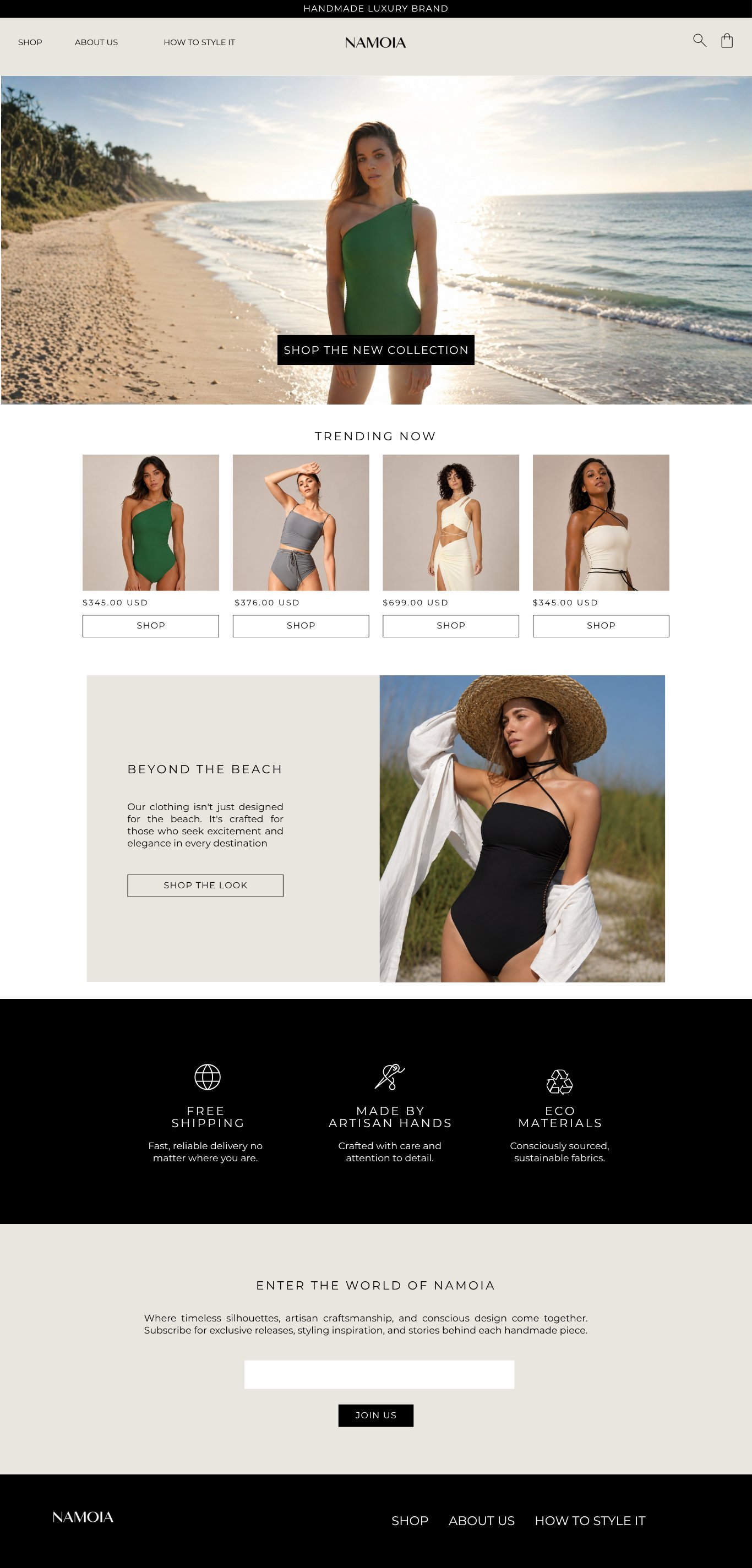 Namoia ecommerce website homepage